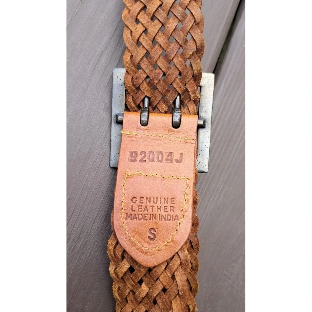 Women's Genuine Leather Brown Woven Braided Square Bronze Buckle Belt Size S 38